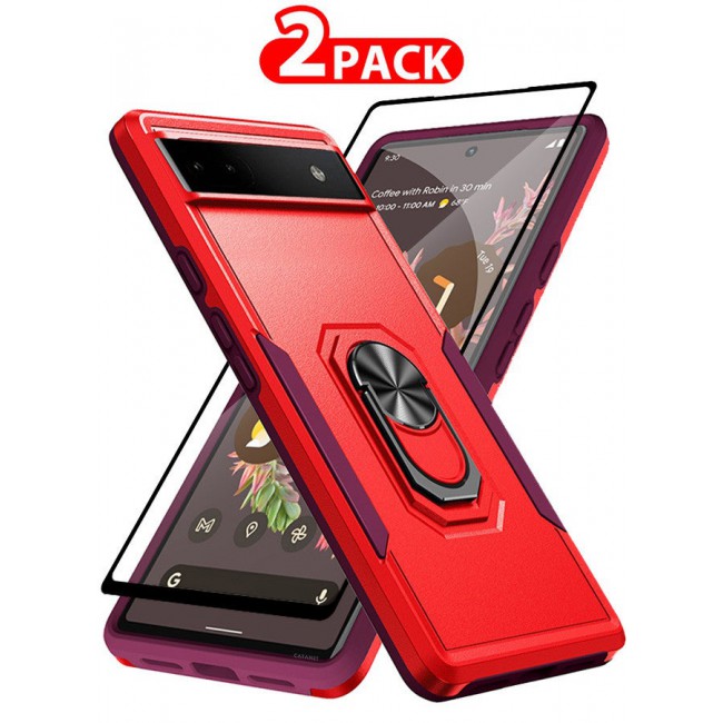 CATANES (Google Pixel 6a) 2 Pack Hybrid Case and Screen Protector with Magnetic Metal Ring Holder Kickstand Rugged Drop Protection Cover Red