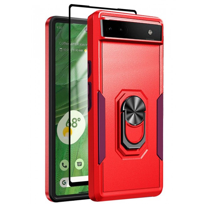 CATANES (Google Pixel 6a) 2 Pack Hybrid Case and Screen Protector with Magnetic Metal Ring Holder Kickstand Rugged Drop Protection Cover Red