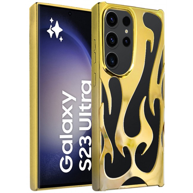 CATANES Galaxy S23 Ultra Case Cover Soft TPU and Glossy with Flame Design - Gold