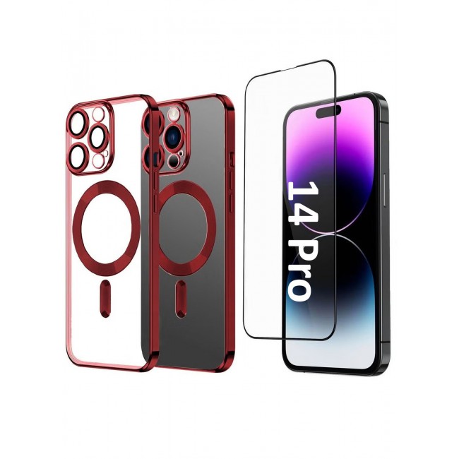 CATANES 2Pack for iPhone 14 Pro Magsafe Case and Screen Protector Clear Electroplating Frame Wireless Charging Cover with Tempered Glass Red/Clear