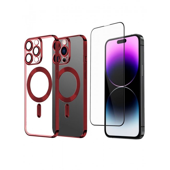 CATANES 2Pack for iPhone 14 Pro Magsafe Case and Screen Protector Clear Electroplating Frame Wireless Charging Cover with Tempered Glass Red/Clear