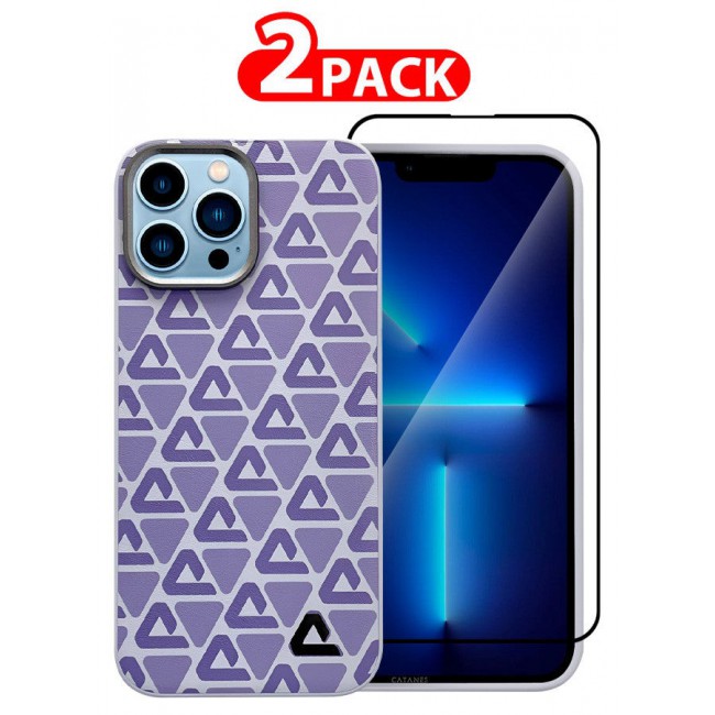 CATANES (for iPhone 13 Pro Max) 2 Pack Case and Screen Protector Leather Back Cover Triangle Pattern Shockproof Protective Phone Case Purple