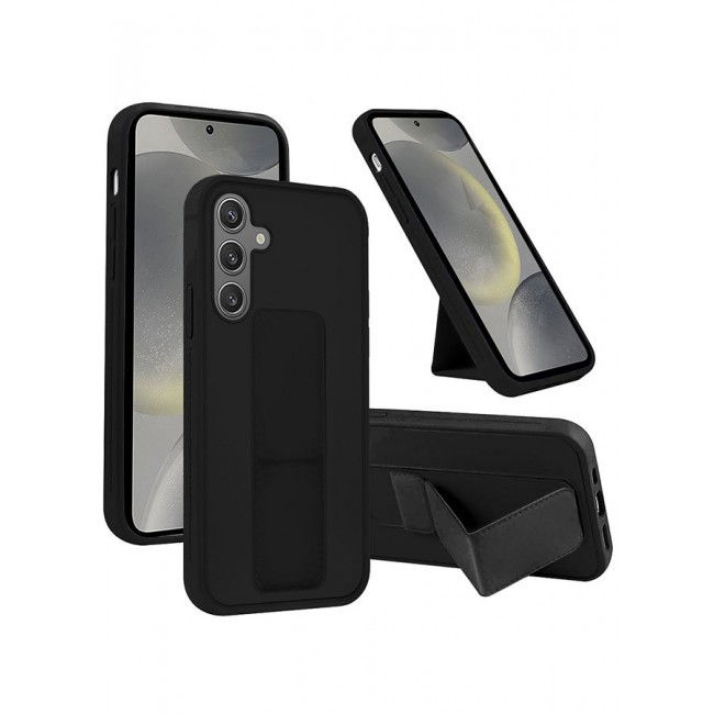 CATANES Samsung Galaxy S24 Case Magnetic Stand and Holder Premium Silicone Vertical and Horizontal Hand Strap Grip Multi Stand Car Mount Kickstand Case Finger Strap Cover Black