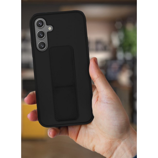 CATANES Samsung Galaxy S24 Case Magnetic Stand and Holder Premium Silicone Vertical and Horizontal Hand Strap Grip Multi Stand Car Mount Kickstand Case Finger Strap Cover Black