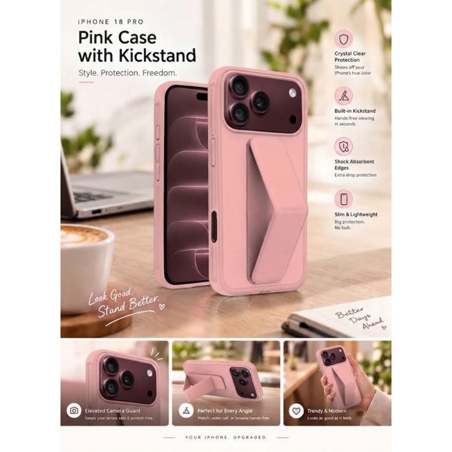 CATANES For iPhone 18 Pro Case Durable PU Leather Cover with Secure Finger Ring and Stand Support - Pink