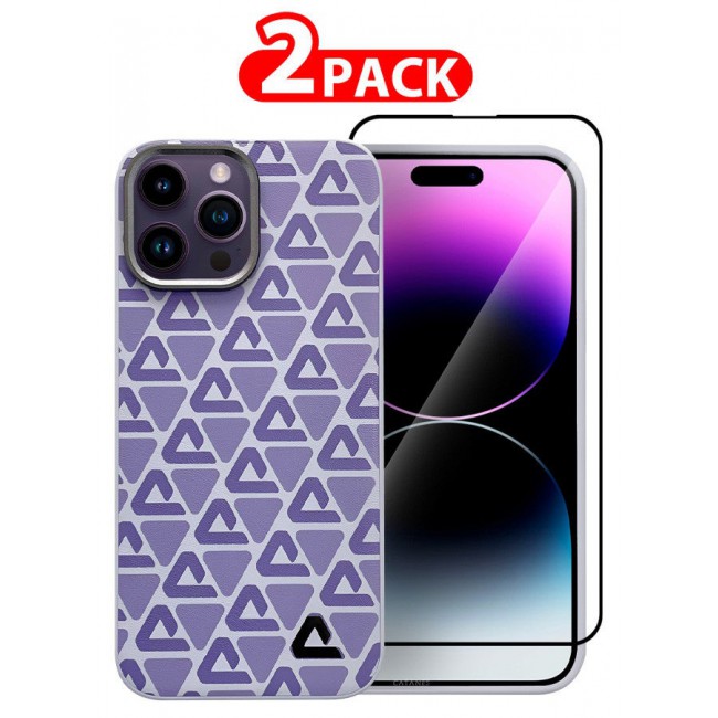 CATANES (for iPhone 14 Pro Max) 2 Pack Case and Screen Protector Leather Back Cover Triangle Pattern Shockproof Protective Phone Case Purple