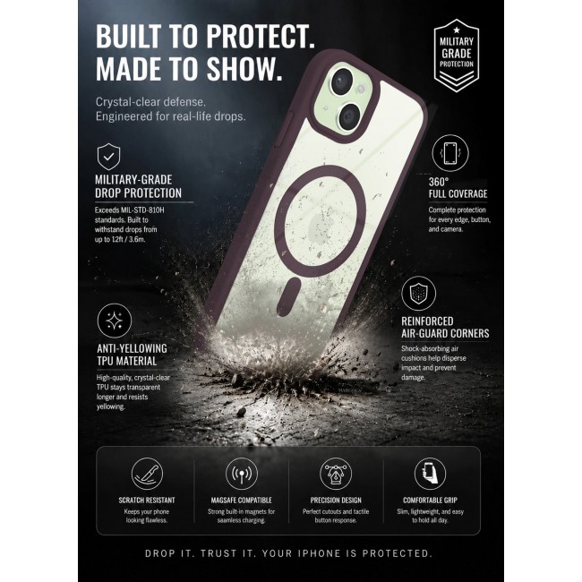 CATANES MagSafe Magnetic Clear Case for iPhone 15 Plus 6.7 inch – Shockproof Protective Cover with Bumper - Merlot