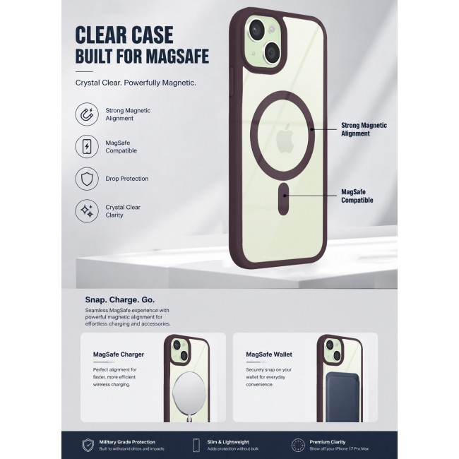 CATANES MagSafe Magnetic Clear Case for iPhone 15 Plus 6.7 inch – Shockproof Protective Cover with Bumper - Merlot