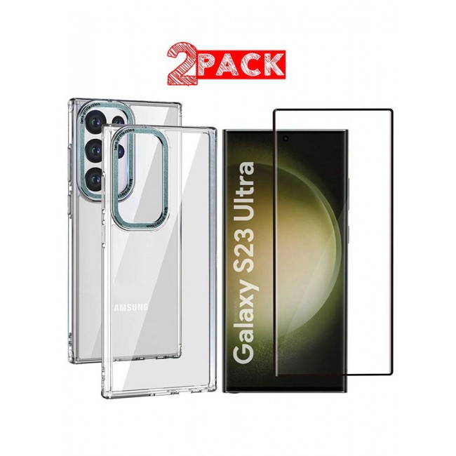 CATANES 2 Pack For Samsung Galaxy S23 Ultra Clear Case With Screen Protector Green Edge