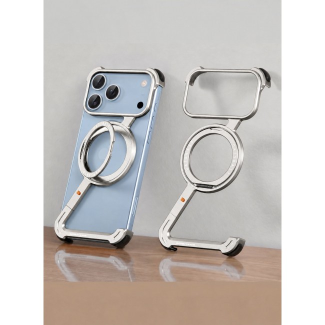 CATANES For iPhone 18 Pro Max Magnetic Case Z-Shape Premium Metal Armor with 360-Degree Rotating Ring Kickstand - Silver