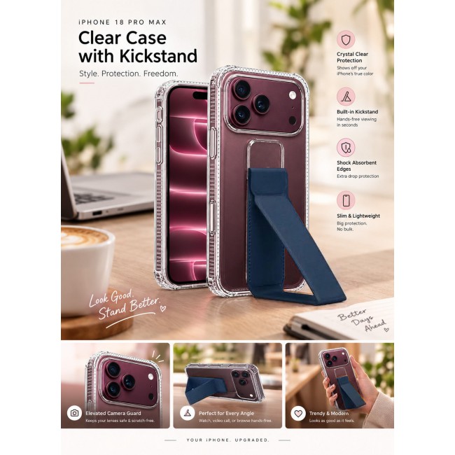 CATANES For iPhone 18 Pro Max Case Clear with Foldable Stand, Shockproof Protective Cover with Reinforced Corners, Transparent Bumper - Dark Blue
