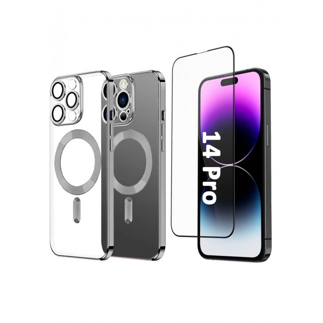 CATANES 2Pack for iPhone 14 Pro Magsafe Case and Screen Protector Clear Electroplating Frame Wireless Charging Cover with Tempered Glass Silver/Clear