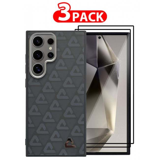 CATANES (for Samsung Galaxy S24 Ultra) 3 Pack Case and 2 Screen Protectors Leather Back Cover Triangle Pattern Shockproof Protective Phone Case Black
