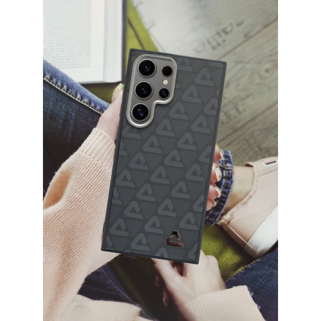 CATANES (for Samsung Galaxy S24 Ultra) 3 Pack Case and 2 Screen Protectors Leather Back Cover Triangle Pattern Shockproof Protective Phone Case Black