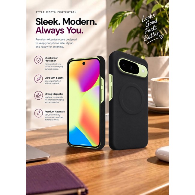 CATANES Premium Alcantara Case for Google Pixel 10 Magnetic Shockproof Slim Cover - Black