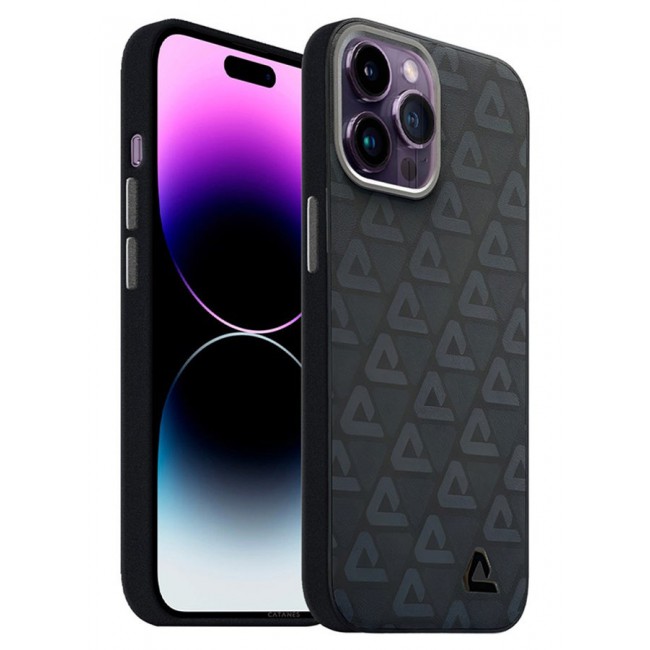 CATANES (for iPhone 14 Pro Max) Case Leather Back Cover Triangle Pattern Shockproof Protective Phone Case Black