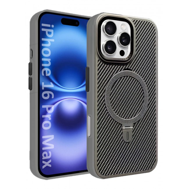 CATANES ( for iPhone 16 Pro Max ) Carbon Fiber Case Cover, Kickstand Metal Bracket, Magsafe Compatible - Grey