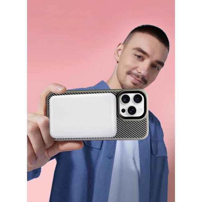 CATANES ( for iPhone 16 Pro Max ) Carbon Fiber Case Cover, Kickstand Metal Bracket, Magsafe Compatible - Grey