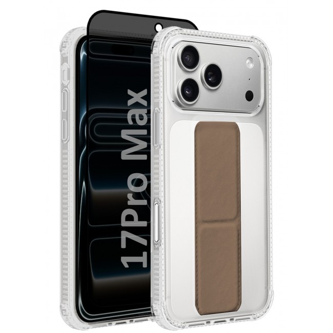 CATANES 2 Packs Finger Grip Clear Case Cover for iPhone 17 Pro Max - Kickstand Car Magnetic Holder Multi-function Protective Two-in-one Case with Privacy Screen Protector - Brown