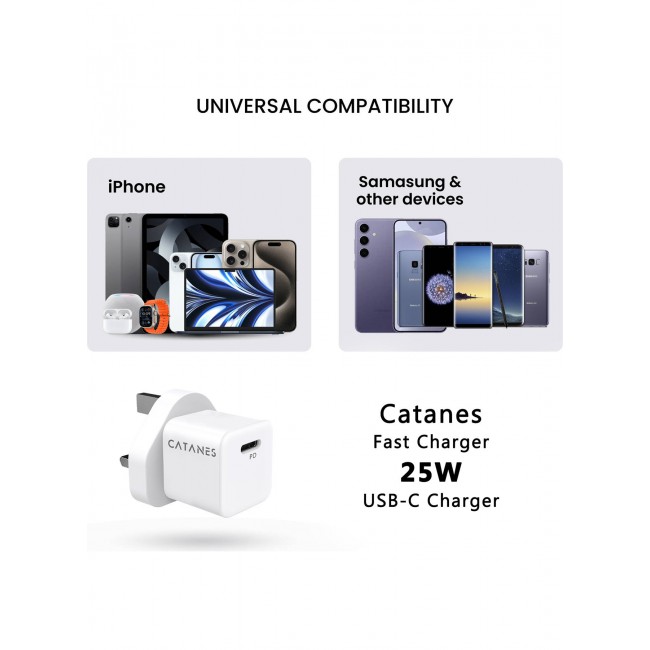 CATANES 25W PD Fast Charger Adapter Type C 3Pins with 1m Cable Type C for Oneplus 11 and Oneplus 12 / White