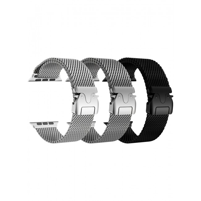 CATANES 3Packs Milanese Loop for Apple Watch Band Ultra 2 Band Ultra 49mm 46mm 45mm 44mm, Parachute-Style Buckle Stainless Steel Mesh Metal Band for iWatch Series 10-1 SE - Black Silver Natural Titanium