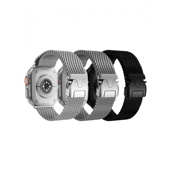 CATANES 3Packs Milanese Loop for Apple Watch Band Ultra 2 Band Ultra 49mm 46mm 45mm 44mm, Parachute-Style Buckle Stainless Steel Mesh Metal Band for iWatch Series 10-1 SE - Black Silver Natural Titanium