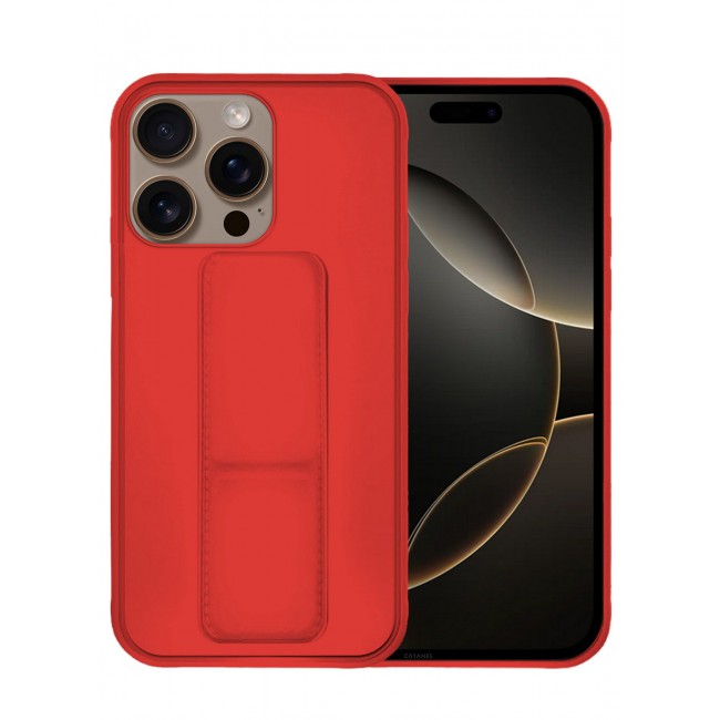 CATANES ( for iPhone 16 Pro ) Case Premium PU Leather Case with Stand Function Shockproof and Anti Scratch Finger Grip Case Cover / Red