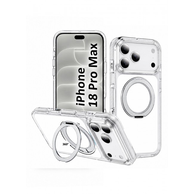 CATANES Magnetic Case For iPhone 18 Pro Max Clear TPU Cover with 360-Degree Rotating Ring Kickstand - Silver
