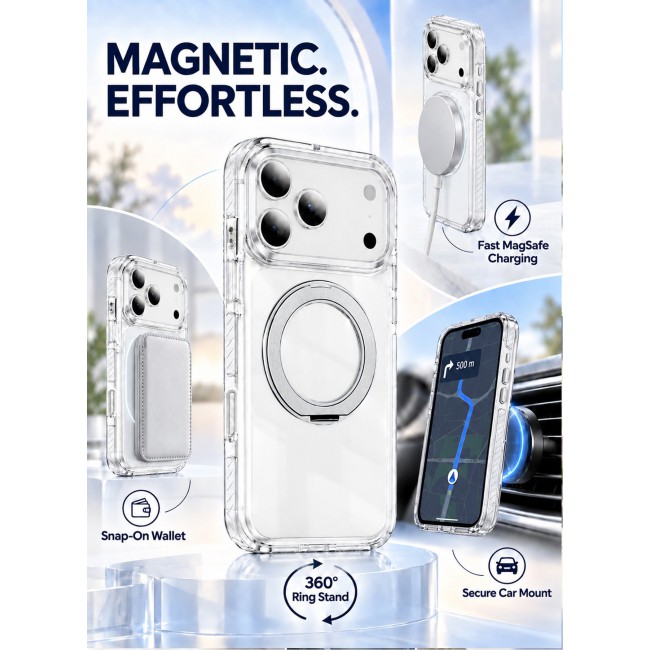 CATANES Magnetic Case For iPhone 18 Pro Max Clear TPU Cover with 360-Degree Rotating Ring Kickstand - Silver