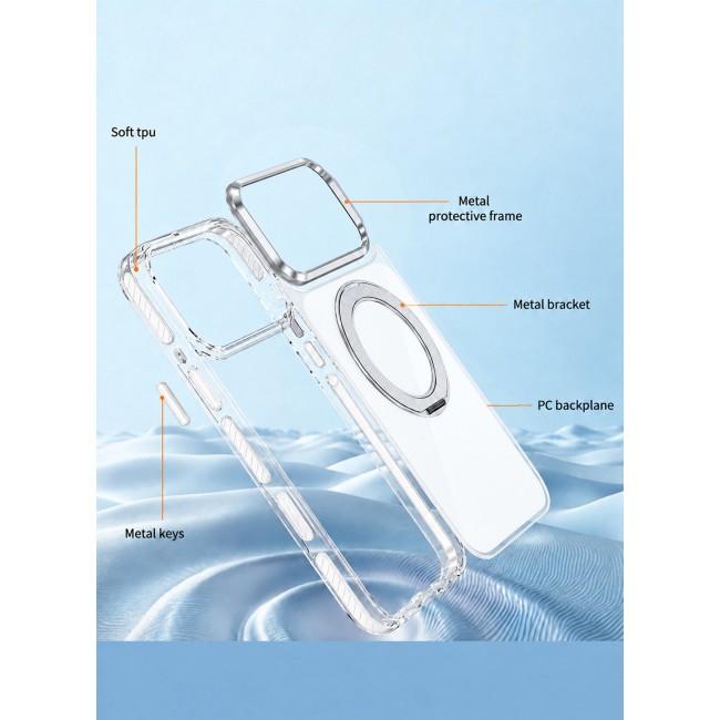 CATANES Magnetic Case For iPhone 18 Pro Max Clear TPU Cover with 360-Degree Rotating Ring Kickstand - Silver