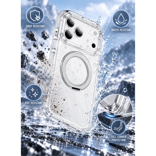 CATANES Magnetic Case For iPhone 18 Pro Max Clear TPU Cover with 360-Degree Rotating Ring Kickstand - Silver