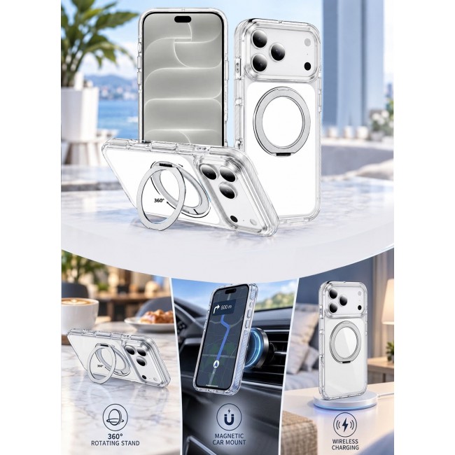 CATANES Magnetic Case For iPhone 18 Pro Max Clear TPU Cover with 360-Degree Rotating Ring Kickstand - Silver