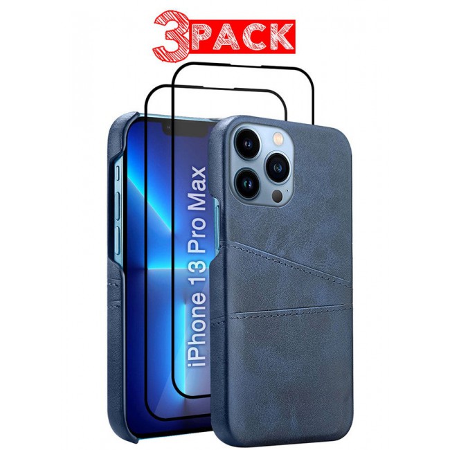 CATANES iPhone 13 Pro Max 3Packs Case Cover Leather with Card Holder for Men Women Phone Case with 3D Screen Protector - Blue