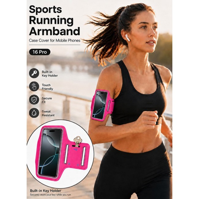 MARGOUN Sports Running Armband Case Compatible with iPhone 16 Pro – Water-Resistant Fitness Wristband Pouch for Gym, Workouts, Jogging with Key Holder and Reflective Strip