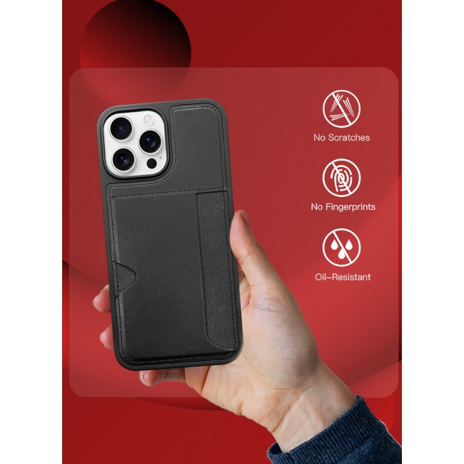 CATANES iPhone 16 Pro Max Case Leather Antifingerprint Cover with Wallet Card Slot Shell, Side Insert Card Holder, Anti Fall Protection - Black