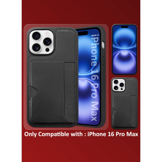CATANES iPhone 16 Pro Max Case Leather Antifingerprint Cover with Wallet Card Slot Shell, Side Insert Card Holder, Anti Fall Protection - Black