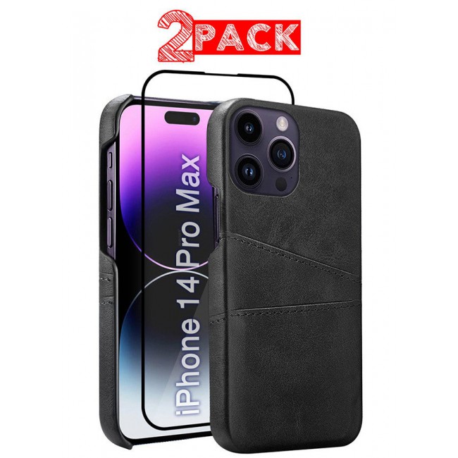 CATANES iPhone 14 Pro Max 2Packs Case Cover Leather with Card Holder for Men Women Phone Case with 3D Screen Protector - Black