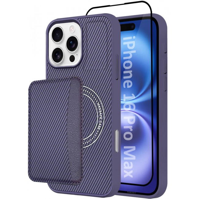 CATANES iPhone 16 Pro Max Case Leather 2Packs Antifingerprint Cover with Detachable Wallet Card Slot Shell Insert Card Holder Anti Fall Protection Carbon Fiber Design with 3D Screen Protector - Purple