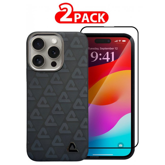 CATANES (for iPhone 15 Pro) 2 Pack Case and Screen Protector Leather Back Cover Triangle Pattern Shockproof Protective Phone Case Black