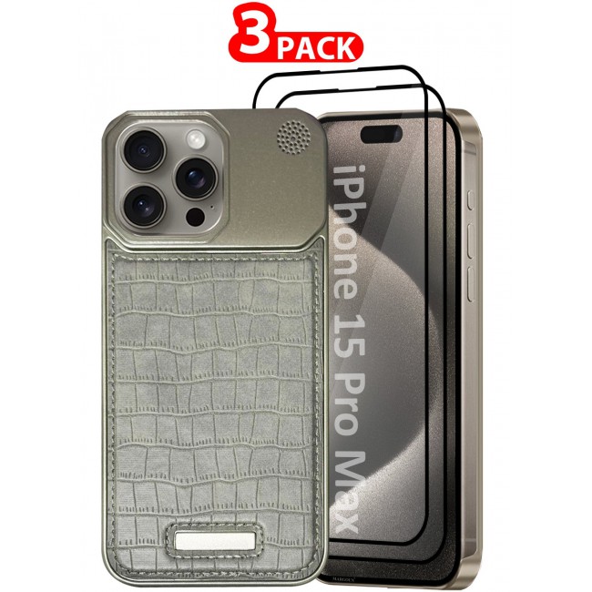 CATANES iPhone 15 Pro Max 3 Pack Case Leather Metal Design, Slim Lightweight Minimalist Cover,1 Case 2 Screen Protectors