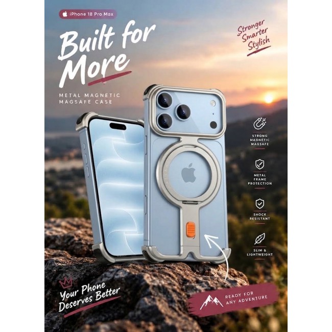 CATANES Rugged Metal For iPhone 18 Pro Max Case with 360° Rotating Ring Kickstand & Camera Protection - Silver