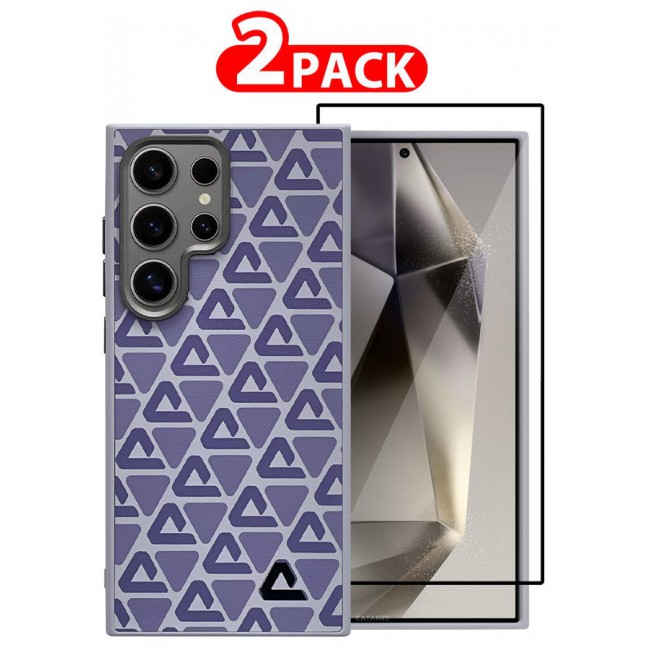 CATANES (for Samsung Galaxy S24 Ultra) 2 Pack Case and Screen Protector Leather Back Cover Triangle Pattern Shockproof Protective Phone Case Purple