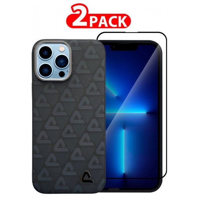 CATANES (for iPhone 13 Pro Max) 2 Pack Case and Screen Protector Leather Back Cover Triangle Pattern Shockproof Protective Phone Case Black