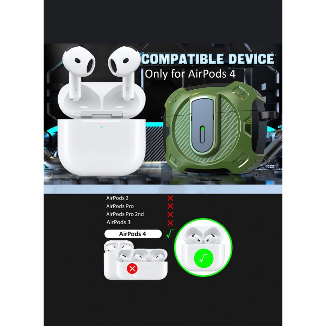 CATANES Airpods 4 Case Hard Shell Protective Armor LED Visible Wireless Charging Case Cover with Lock - Olive Green