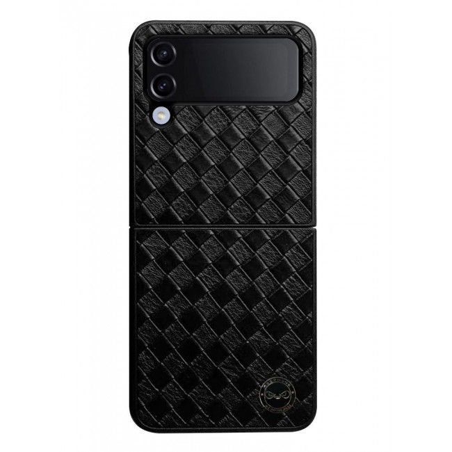 CATANES Samsung Galaxy Z Flip 4 Braided Leather Case Folding Slim Full Body Protection Fashion Woven Cover Compatible with Galaxy Z Flip4 2022 6.7 inch Carbon Black