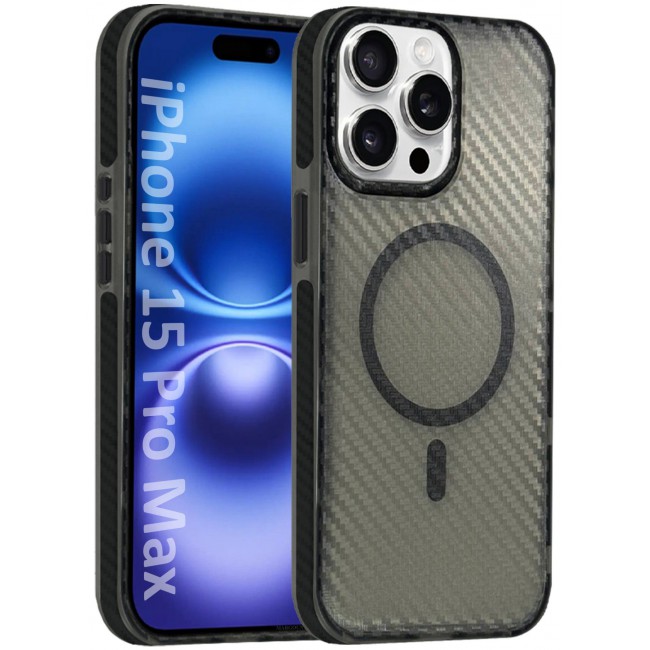 CATANES (for iPhone 15 Pro Max) Magsafe Case Cover Carbon Fiber Magnetic Strong Shockproof Protective Slim Thin Cover Transparent Matte - Grey Color