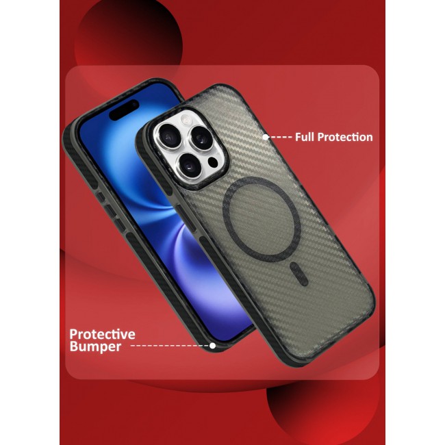 CATANES (for iPhone 15 Pro Max) Magsafe Case Cover Carbon Fiber Magnetic Strong Shockproof Protective Slim Thin Cover Transparent Matte - Grey Color