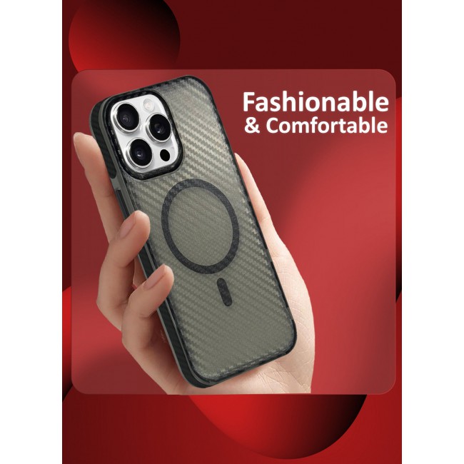 CATANES (for iPhone 15 Pro Max) Magsafe Case Cover Carbon Fiber Magnetic Strong Shockproof Protective Slim Thin Cover Transparent Matte - Grey Color