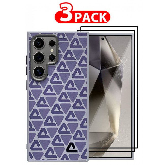 CATANES (for Samsung Galaxy S24 Ultra) 3 Pack Case and 2 Screen Protectors Leather Back Cover Triangle Pattern Shockproof Protective Phone Case Purple