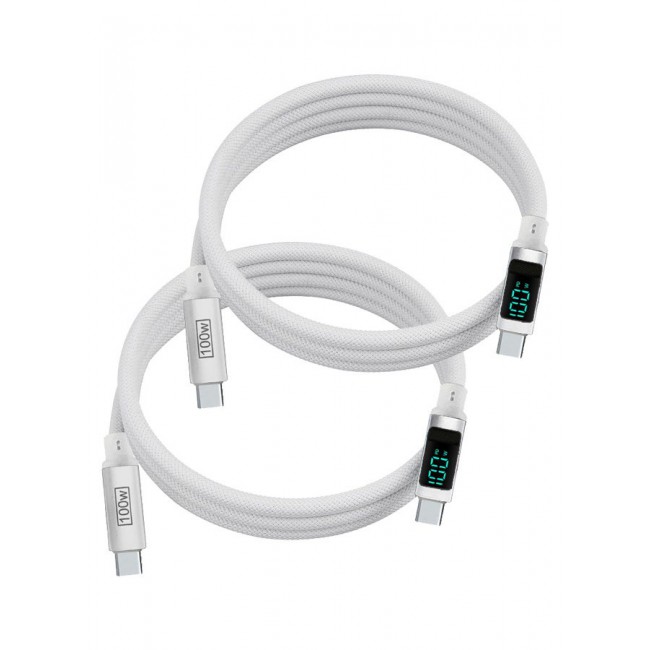 CATANES 2Packs 100W Fast Charging Cable USB-C to USB-C - Built-in Power Display, PD 3.0 & Durable Braided Design 1M - White